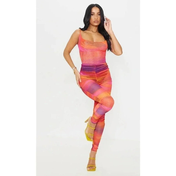 PrettyLittleThing‎ Pink Ombre Printed Mesh Strappy Body-con Jumpsuit Size 12 NWT - Picture 1 of 7